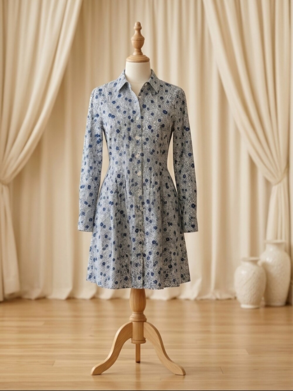 J.Crew Blue & Black Floral Button Front Shirt Dress Size 8